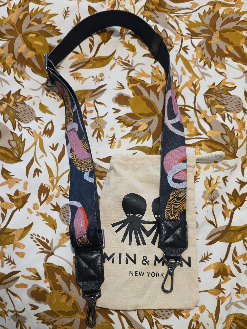Min And Mon Adjustable Printed Bag Strap in Black with Pink Accent